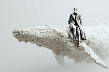 Dromerig Mixed Media Kunstwerk – Surrealistische Scene met Man en Walvis van Peter Pen tekeningen en schilderijen