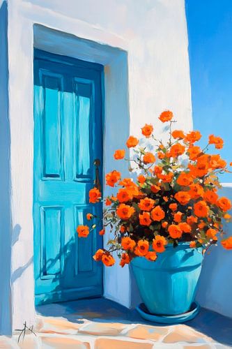 Blauwe deur met bloemen