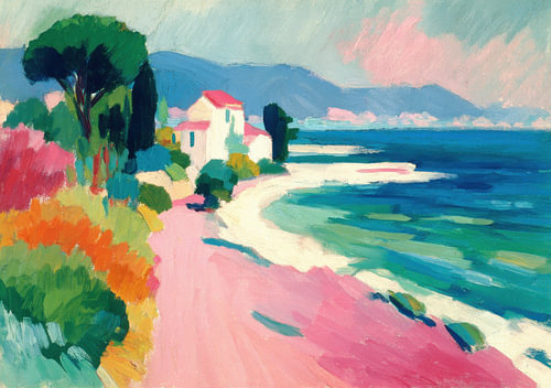 Mediterranean coastline with a white house and a pink beach by Niklas Maximilian