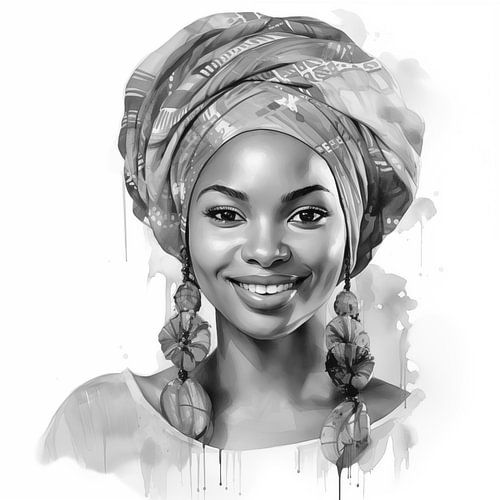 Portret van een Afrikaanse vrouw met glimlachend aquarel kunstontwerp en hoofddoek op witte achtergrond zwart-wit fotografie