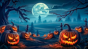 Kürbisse auf einem Bauernhof vor einem gruseligen Halloween-Nacht-Hintergrund mit Mond und Haus