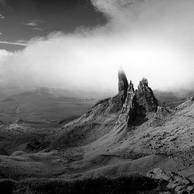 Black and white panorama of the Old Man of Storr in Scotland by Marjolein Fortuin