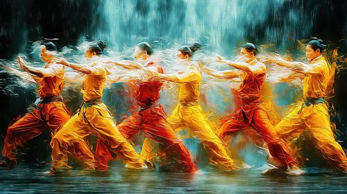 Kung Fu atleten voeren gesynchroniseerde kata uit