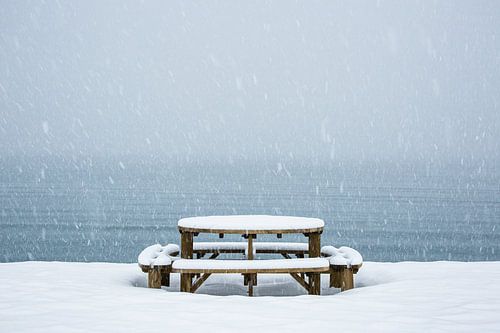Picnic table in a snowstorm - Vesteralen, Norway