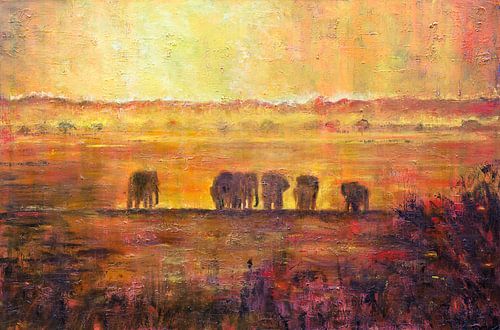 Éléphants au coucher du soleil sur Anja Namink - Peintures