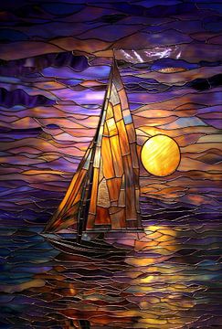 stained-glass artwork depicting a sailing boat by Margriet Hulsker