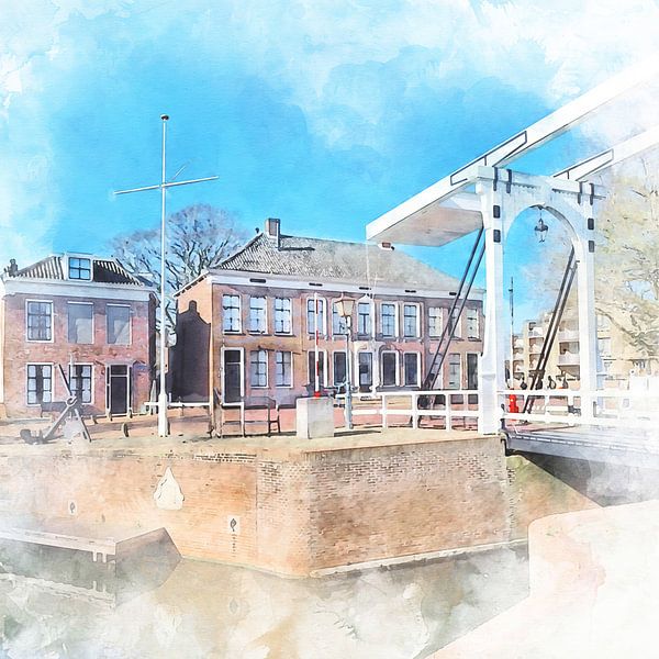 Watercolour image of the Sint Maartensbrug in Goes, Zeeland by Danny de Klerk