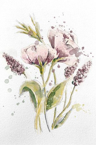 Aquarel print met lila bloemen op papier met ruwe textuur