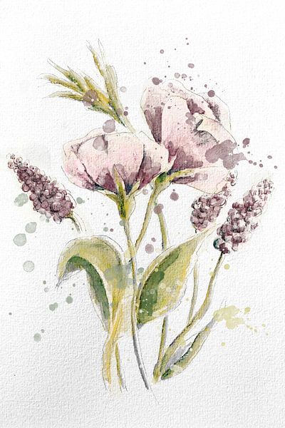 Aquarel print met lila bloemen op papier met ruwe textuur van Emiel de Lange