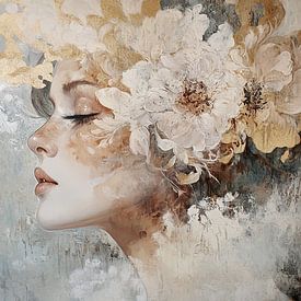 Florales Gesicht | Goldene Blumen von ARTEO Gemälde