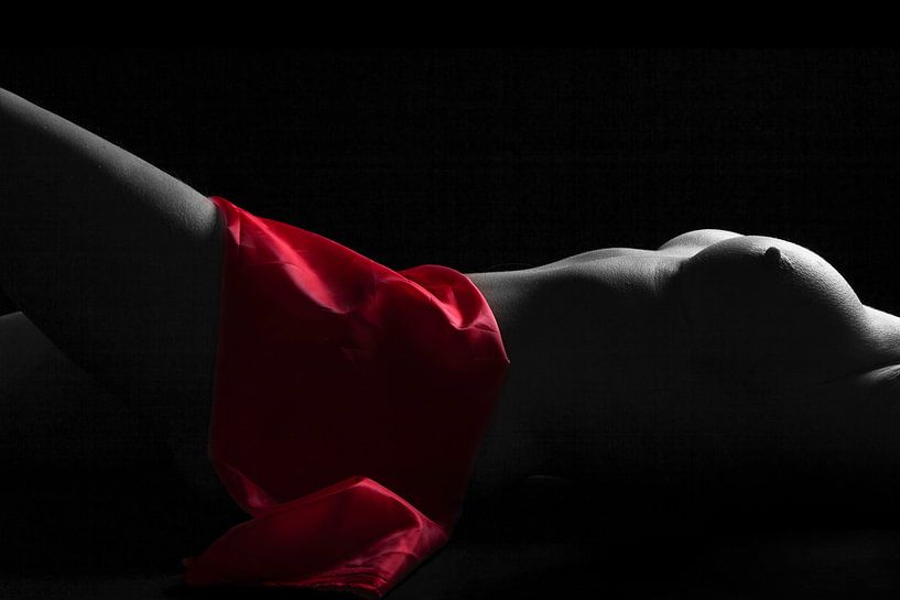 Red nude - naakte vrouwen lichaam in zwart-wit met een rood doek. van Retinas images