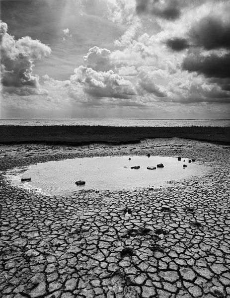 Ameland wadkust plas in droge grond van . Groningenart