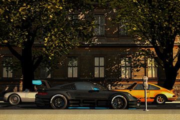 Porsche 911 GT3RS, ein Porsche 55 und ein 911er, die auf einer Straße geparkt sind