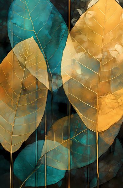 Green and orange leaves against a dark background by Steinfox Art