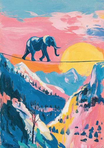 Elephant on a tightrope - pastel painting