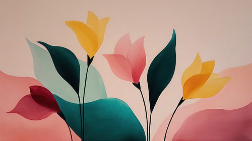 Panorama mit abstrakten gelben und rosa Tulpen und grünen Blättern