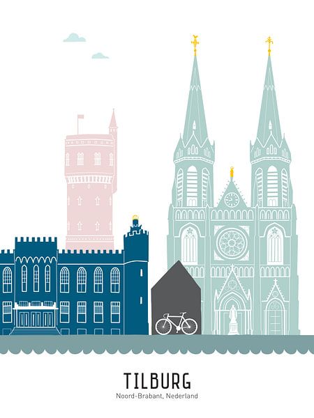 Skyline illustration city Tilburg in color by Mevrouw Emmer