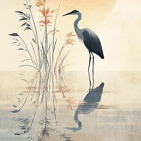 Kraanvogel tussen het riet - Japandi kunst van Digital Picture Art