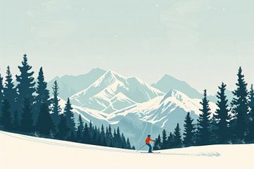 Skiërs in een besneeuwd berglandschap van Poster Art Shop