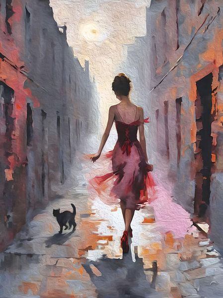Une femme avec une robe rouge marche dans une ruelle de la ville face au soleil. par Emiel de Lange