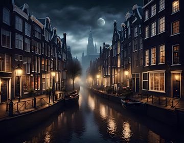 Oud middeleeuws Amsterdam bij nacht in Nederland van Eye on You