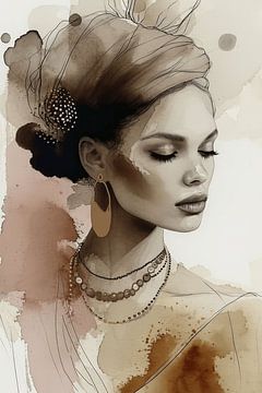 Modern and chic portrait in earth tones, watercolour by Carla Van Iersel