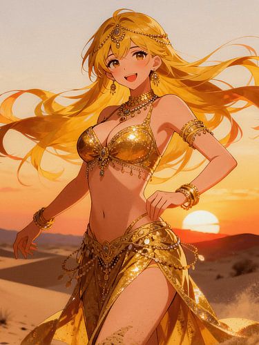 ANIME Princesse du désert doré - Danseuse dorée scintillante Oasis des dunes au coucher du soleil