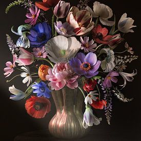 Colourful flowers in golden vase by Inkhere Art