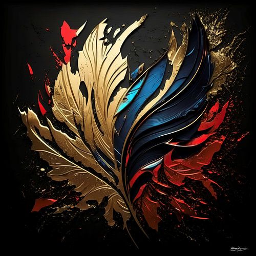 Abstract in gold red and blue.