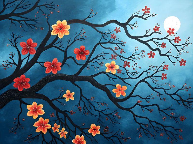 Branches florales sur une toile bleue atmosphérique par Artistic