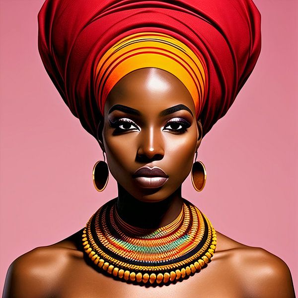 Woman With Yellow and Red Headscarf On Pink Background by All Africa