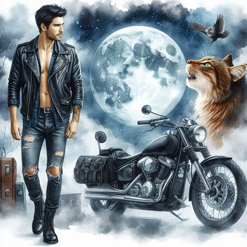 Man met kat en motor