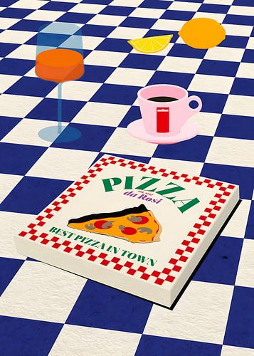 Illustration représentant une boîte à pizza, des boissons et des citrons sur une table bleue