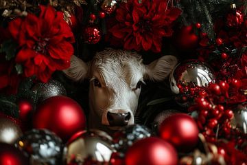 Kerstpracht - Koe te Midden van Feestelijke Rode Accenten - rood - kerst van Eva Lee