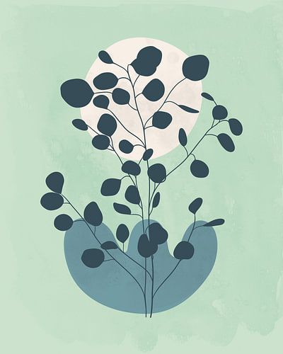 Minimalistisch landschap met een eucalyptus boom in koele kleuren