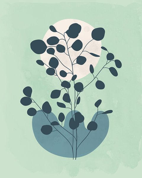 Minimalistische Landschaft mit einem Eukalyptusbaum in kühlen Farben von Tanja Udelhofen