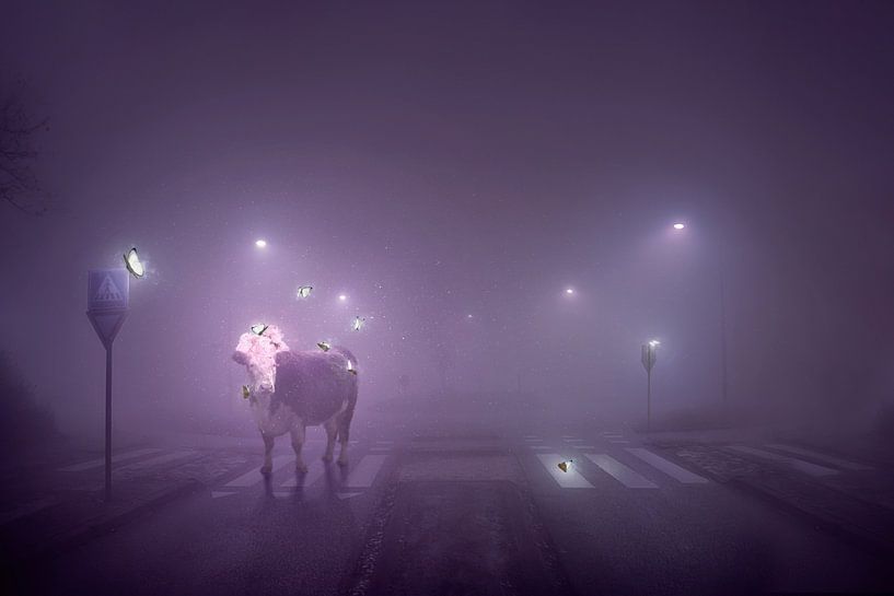 Heilige Kuh am Zebrastreifen: Mystische Fotomanipulation in einer nebligen Welt von Elianne van Turennout