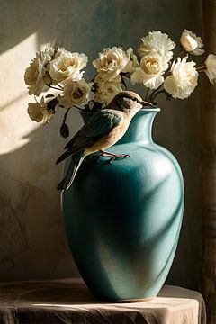 Elegante vogel op bloemenvaas van Art & Soul Creations