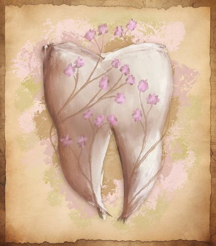 Painting tooth & flowers. Vintage style. Dentistry, dental practice, dental assistant.