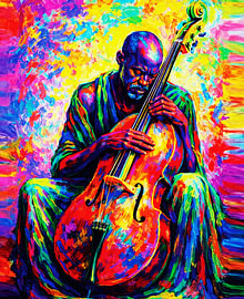 Cello Player in Rainbow Light – Vibrant Music Painting by RAMYHEFNY-GALLERY