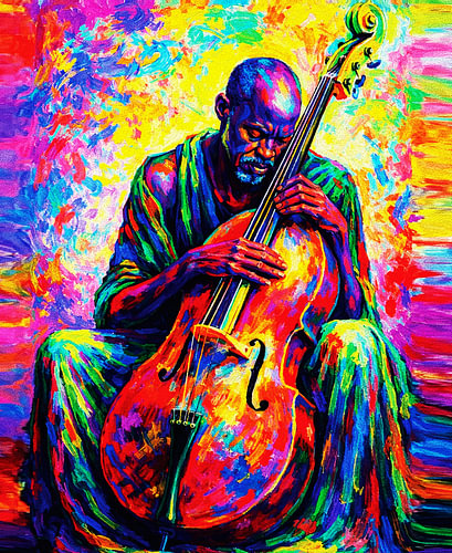 Cello Player in Rainbow Light – Vibrant Music Painting