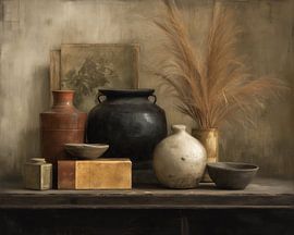 vazen bloemen | Neutral Vases with Pampas Grass van Blikvanger Schilderijen