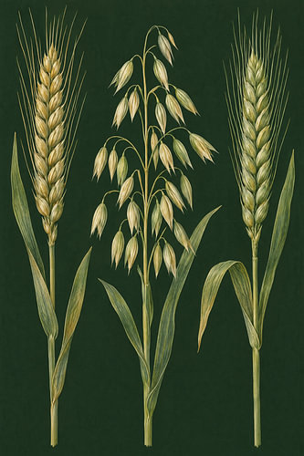 Wheat and oats against a deep forest green backdrop