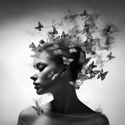Vrouw met vlinders in zwart-wit