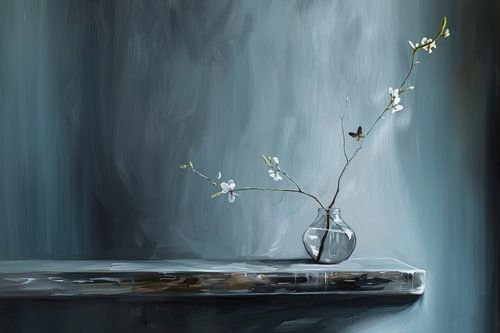 Stilleven met bloesem en een vlinder in blauw en wit