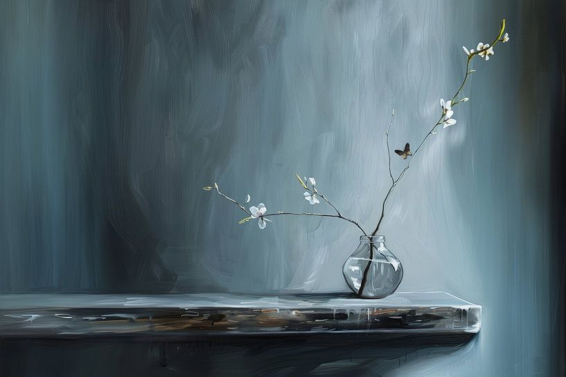 Still life with blossom and a butterfly in blue and white by Japandi Art Studio