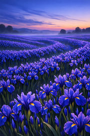 Een bloeiend irissenveld in het zachte avondlicht van een heuvelachtig landschap van ButterflyPix