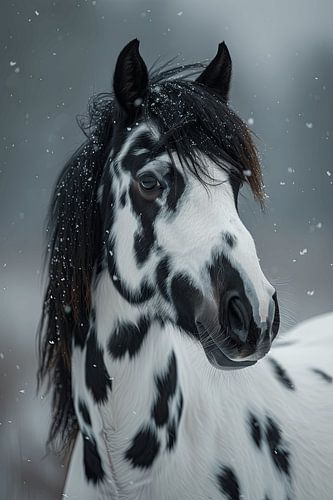 Wintersprookje - bont paard onder een besneeuwde hemel
