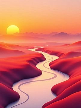 Sereniteit bij zonsopgang: Een kronkelende rivier door de karmijnrode woestijn van Artistic
