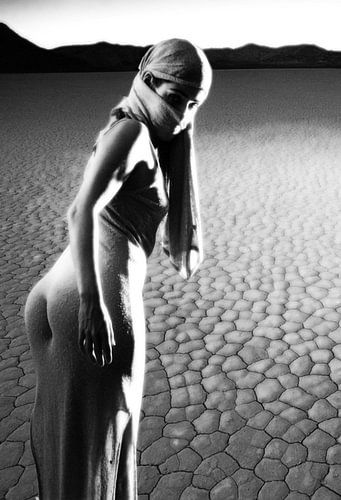 Veiled dressed woman with dry river bed (drought).